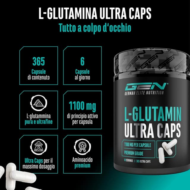 Detalle 2 de L-glutammina Ultra Caps (365 capsule da 1100 mg) – L-glutammina pura in capsule ad alto dosaggio