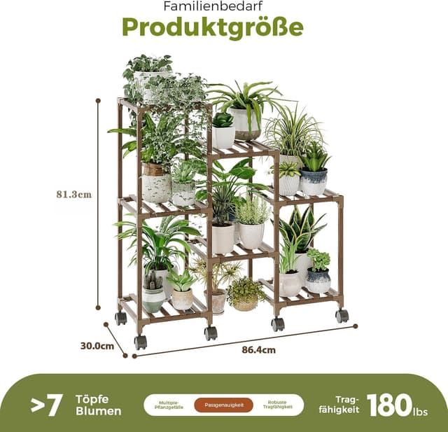 Detalle 2 de Bamworld Pflanzenständer aus Holz für Zimmerpflanzen & Outdoor – gestuftes Leiterregal mit Rollen