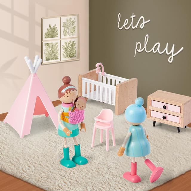 Detalle 2 de Giant bean Puppenhaus Möbel Set aus Holz (36-teilig) – Rosa, Puppenhaus-Zubehör für Kinder ab 3 Jahren