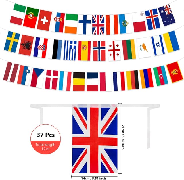 Detalle 2 de AhfuLife Eurovision Europäische Flaggen-Wimpelkette für 35 Länder (doppelseitig), 12 m Party- & Deko-Banner