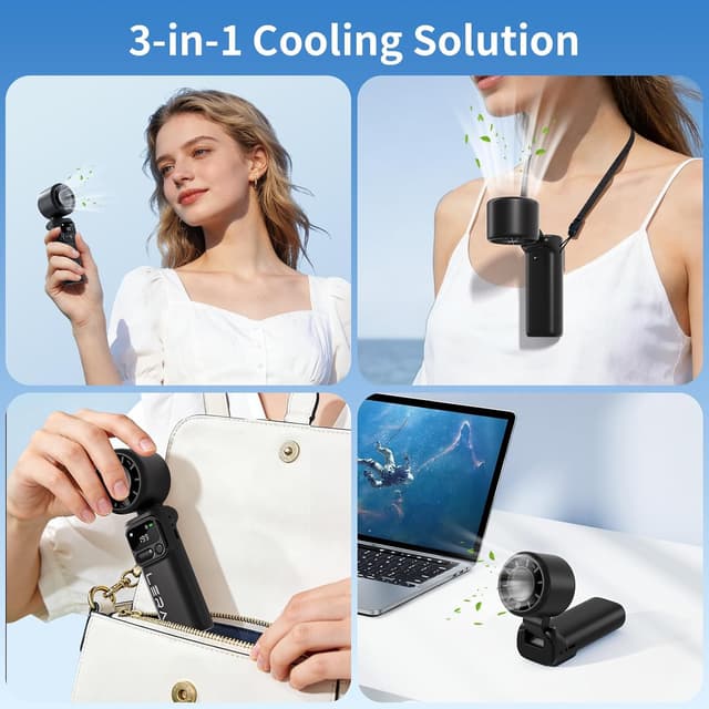 Detalle de Lerat Portable Handheld Turbo Fan (5-Speed Turbo, 4000mAh Rechargeable, Foldable 3-in-1) — Black