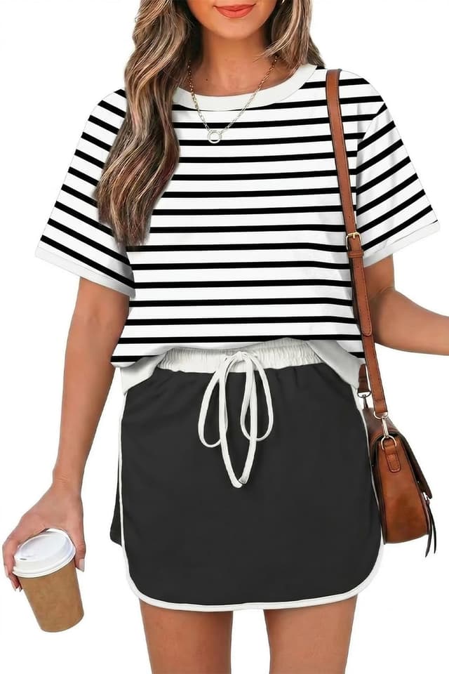 Detalle de Opemiby Womens 2-Piece Skort Set (Color Block) — Short Sleeve Top & Drawstring Skort Outfit