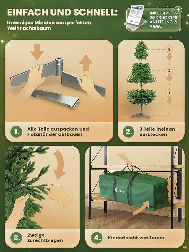 Detalle de ArtiTree künstlicher Weihnachtsbaum Nordfichte (Nordfichte) – 210 cm, FSC-Holzständer & reißfeste Tragetasche (ohne Beleuchtung)