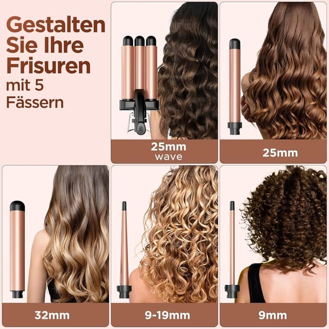 Detalle de BESTOPE MIX Welleneisen-Set 5 in 1 mit Turmalin-Keramikfässern (32 mm, 25 mm, 9 mm, Kegel 9–19 mm, Welle)