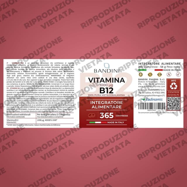 Detalle de Bandini Vitamina B12 365 compresse (+ 1 anno) da 1000 µg in metilcobalamina, 100% vegan