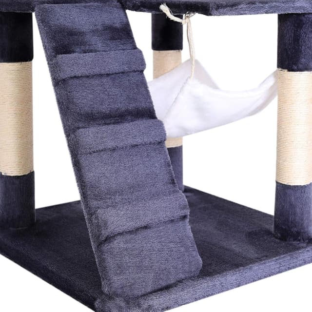 Detalle 2 de lionto Kratzbaum für Katzen mit Hängematte & Tunnel (133 cm) – Sisalseil, Höhle und Liegeflächen in grau/weiß