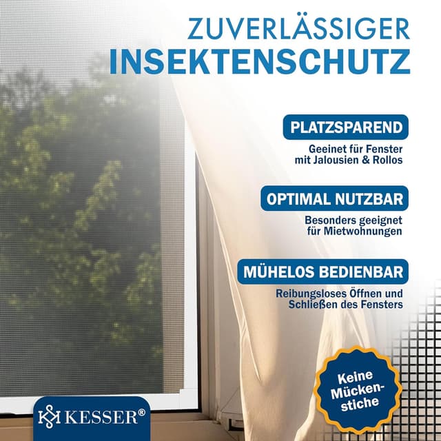 Detalle de KESSER® Fliegengitter Fenster 130x150 cm mit Aluminiumrahmen – Insektenschutz ohne Bohren (weiß)