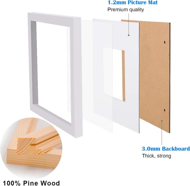 Detalle 2 de EGOFINE 8x8 Solid Wood Photo Frames Set of 4 (White) with Acrylic Glass – square frames for 4x4 photos