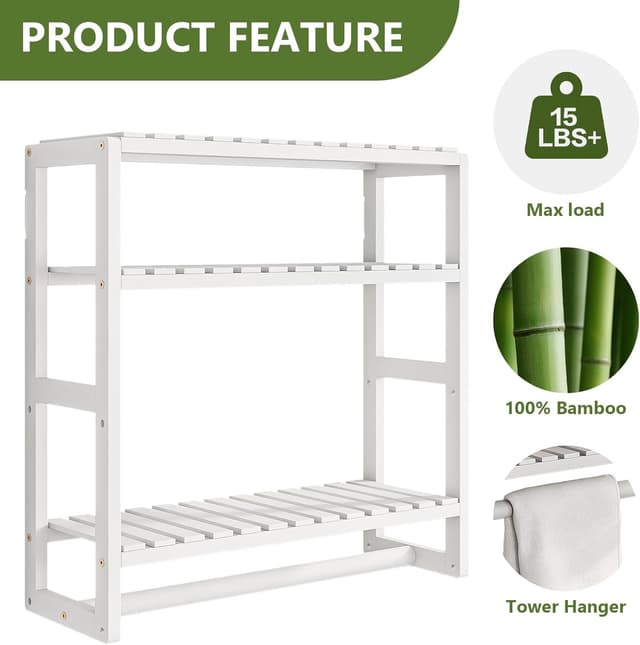 Detalle de Bamworld 3-Tier Adjustable Bamboo Over-the-Toilet Rack Shelf Storage (White)