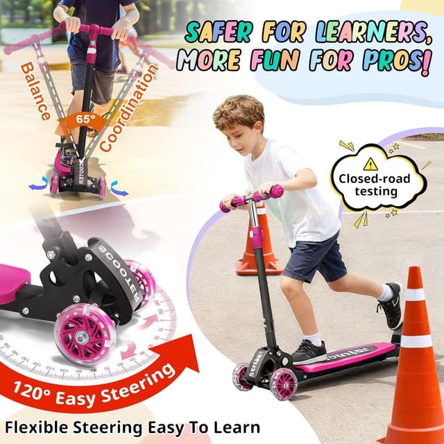 Detalle de Kick Scooter for Kids Ages 3–7 (Three-Wheel Light-Up, Lean-to-Steer, Foldable, Dual Rear Wheels)