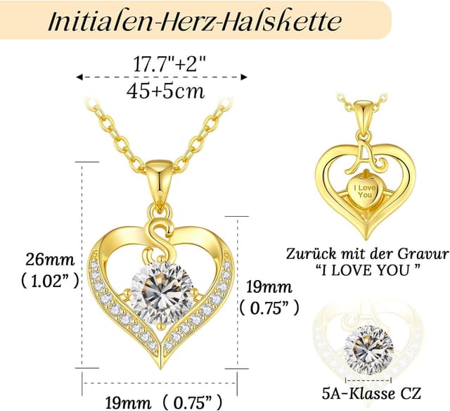Detalle 2 de LOUISA SECRET Damen-Halskette mit Herzbuchstaben-Anhänger (A–Z, 18K vergoldet)