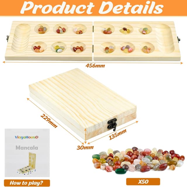 Detalle 2 de Mancala Steinchenspiel (Kalaha/Hus/Bao) aus verdicktem Naturholz mit bunten Steinen & Aufbewahrungsbeutel