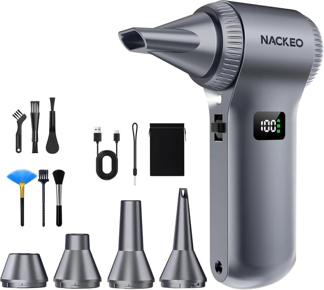 Detalle de NACKEO K100 compressore aria portatile: soffiatore a batteria con LED e display fino a 230.000 RPM