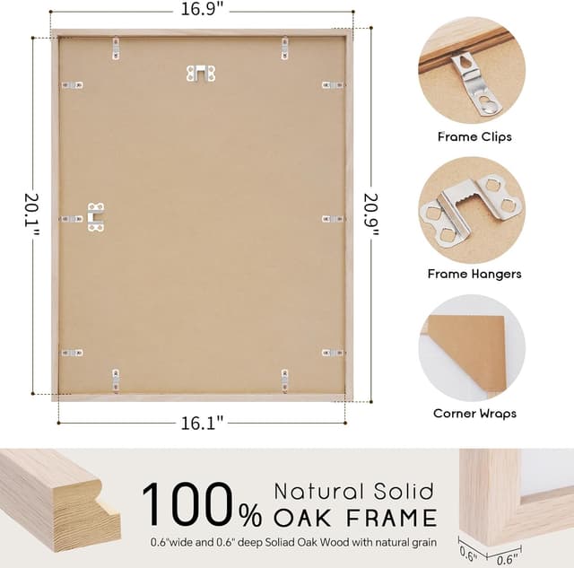 Detalle de Puthiac 16x20 Solid Oak Wood Picture Frame (Plexi Front) — Fits 12x16 with Mat or 16x20 Without Mat, Wall Display Only
