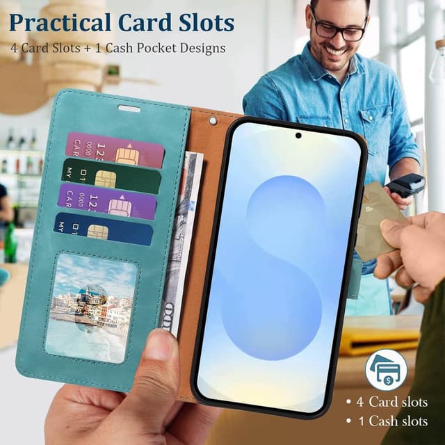 Detalle de GOTOURED Handyhülle für Samsung Galaxy S25 5G – Klapphülle mit RFID-Blockierung, Kartenfächern, Handgelenksgurt & Ständer (Grün)