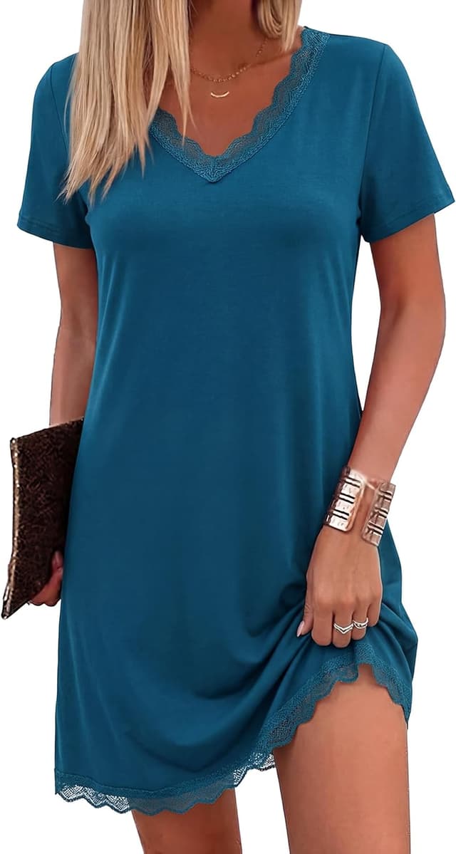 Detalle de Bresdk chemise de nuit femme manches courtes à col V et dentelle, confort respirant