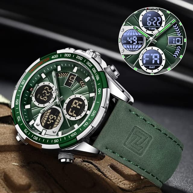 Detalle de Orologio militare multifunzione Naviforce con LED, cronografo e cinturino in vera pelle
