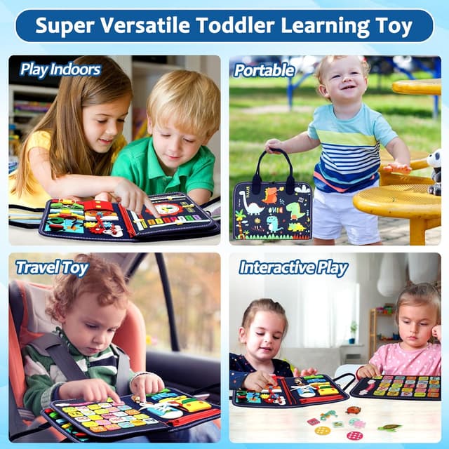 Detalle de Qizfun Montessori Busy Board & Busy Book for Toddlers (Blue/P4) – Screen-Free Travel Sensory Learning Toy