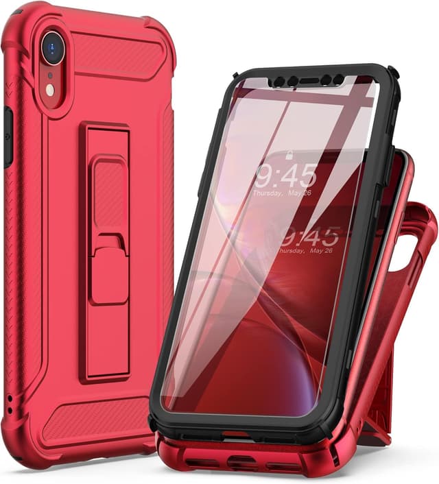 Detalle 2 de ORETECH 5-in-1 Hülle für iPhone XR (6,1") mit 2 Schutzfolien, Ständer und Vollschutz – Rot