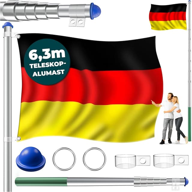 Detalle de KESSER® Teleskop Fahnenmast aus Aluminium, 6,30 m inkl. Bodenhülse (60 cm) & Deutschlandflagge, höhenverstellbar