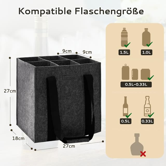 Detalle de Lewooilt Filz-Flaschentasche für 6 Flaschen (1,5 l), 6 Fächer