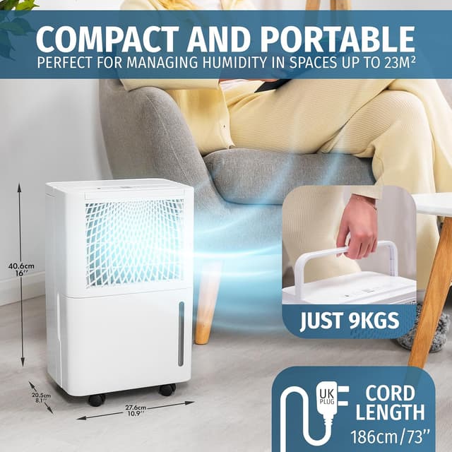 Detalle de Nyxi 12L Per Day Dehumidifier with Digital Humidity Sensor, 24hr Timer & Continuous Drainage (12L/day)