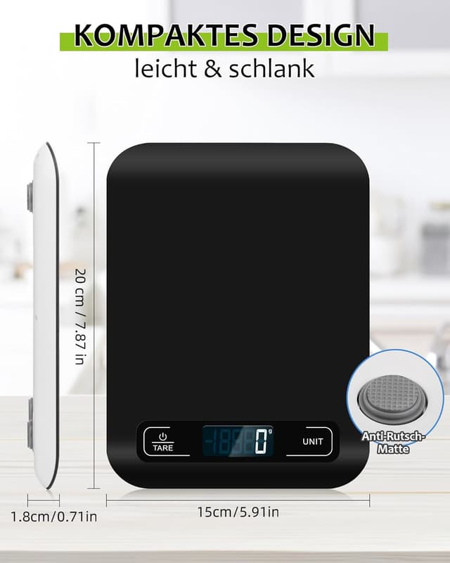 Detalle de Digitale Küchenwaage mit LCD-Display, Tara-Funktion & 1-g-Schritten (schwarz)