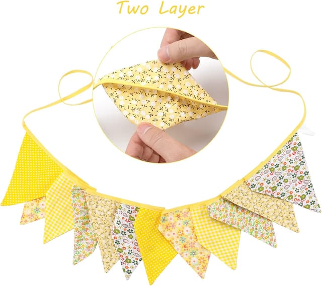 Detalle de G2PLUS Double Sided Cotton Fabric Bunting Banner (3.3m, 12 yellow floral pennants) for Easter & tea party décor