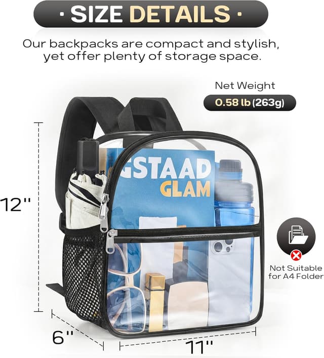 Detalle de Oraben Clear Backpack Stadium Approved (12 x 6 x 11 in) — Small Transparent PVC Bag for Events & Travel