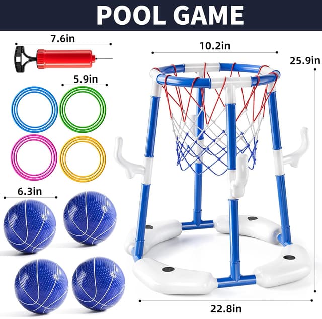 Detalle 2 de NIPLOOOW Pool Basketball Hoop 2-in-1 Floating Pool Toys Set (Blue) with 4 Balls and Pump