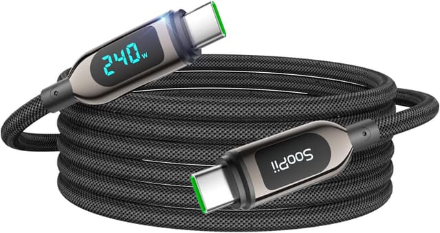 Detalle de SooPii 240W USB‑C auf USB‑C Kabel (3 m) mit LED-Display – PD Schnellladekabel für iPhone, iPad, MacBook & Galaxy (schwarz)