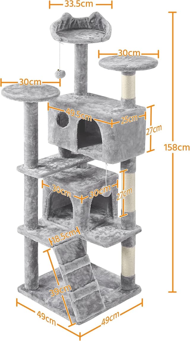 Detalle de Yaheetech Cat Tree 158cm tower with scratching posts, 2 houses and dangling balls (light grey)