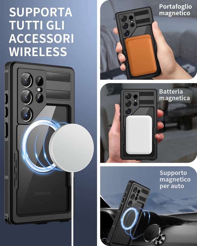 Detalle de Focusor Cover impermeabile IP68 per Samsung Galaxy S26 Ultra, custodia rugged subacquea 360° con protezione schermo, nero
