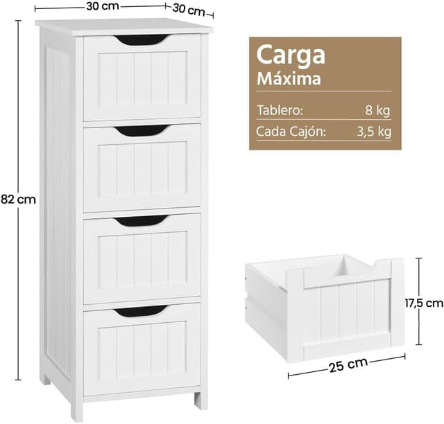 Thumbnail 2 de Yaheetech Armario de baño 4 Cajones 30x30x82cm