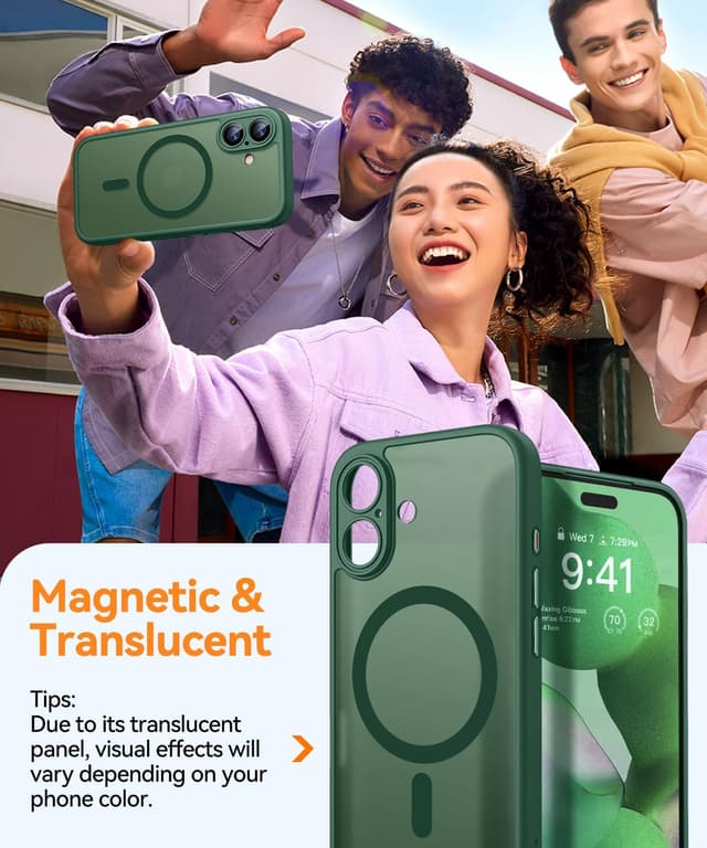 Detalle 2 de CANSHN Magnetic iPhone 17 Case (6.3") with full camera protection, MagSafe compatible, translucent matte – Deep Green