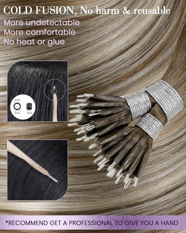 Detalle de LaaVoo Nanoring Extensions Echthaar Ombre Blond (Remy), 45 cm, 100 g, 1 g/1s – #8/60/8