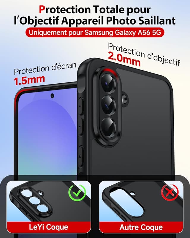 Detalle 2 de LeYi Coque pour Samsung Galaxy A56 / A56 5G avec 2 verres trempés 9H, protection caméra et écran, TPU/PC finition mate anti-traces – Noir