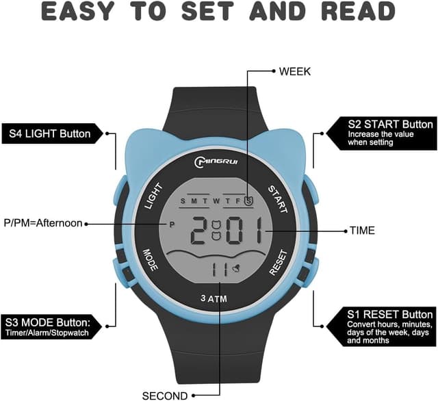 Detalle de OFFCUP Kids Digital Watch (30m Waterproof) for Girls & Boys with PU Strap and LED Light