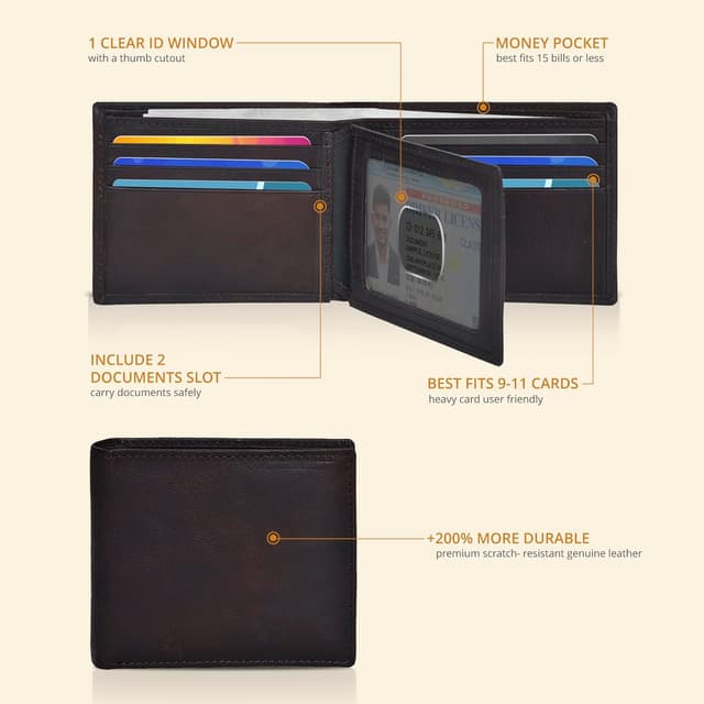 Detalle de Oak Leathers brown leather bi-fold wallet for men with 9 card slots and RFID blocking