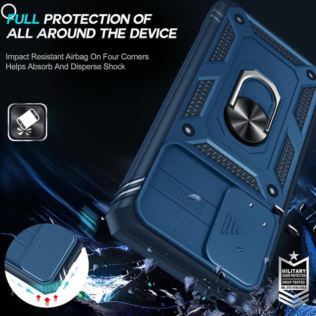 Detalle 2 de LeYi Military Camera Cover Slider Case for Samsung Galaxy A52 5G/A52S with 2 Tempered Glass + Ring Stand (Dark Blue)