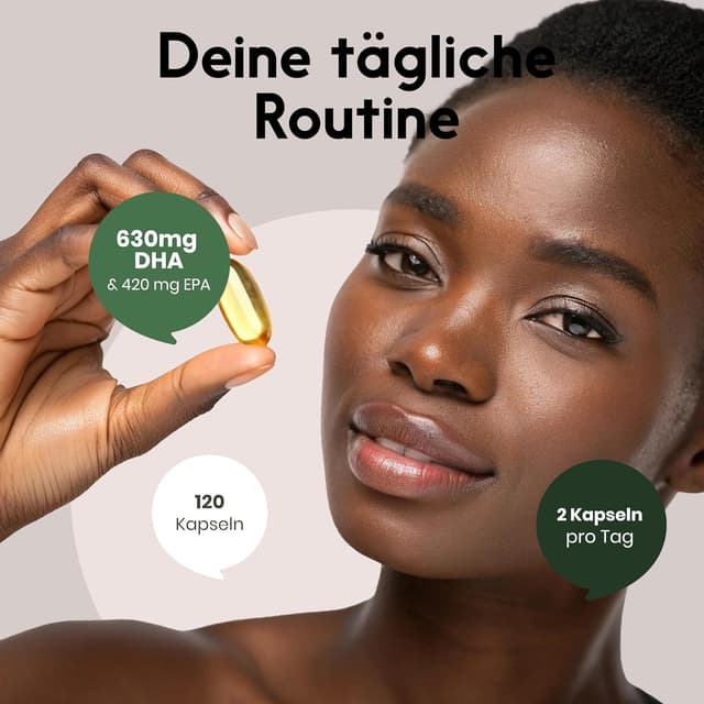 Detalle de Omega 3 Kapseln Hochdosiert FORTE Vegan – 120 Kapseln mit 2000 mg Algenöl, DHA & EPA (Laborgeprüft, in Deutschland hergestellt)