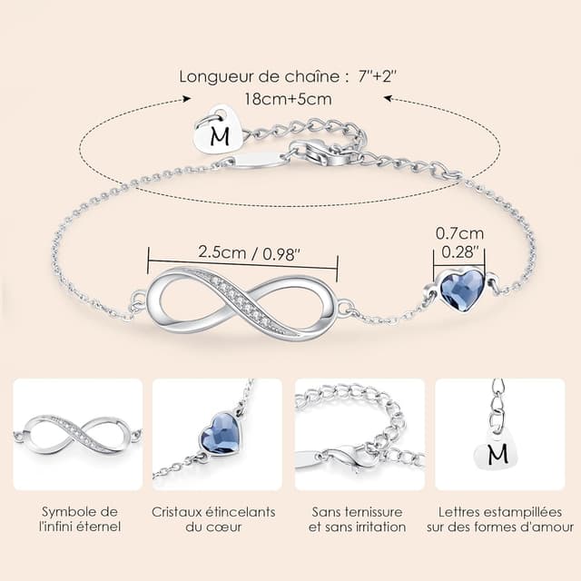 Detalle de LOUISA SECRET Bracelet Femme Argent 925 Infini avec Initiale et Cœur (réglable)