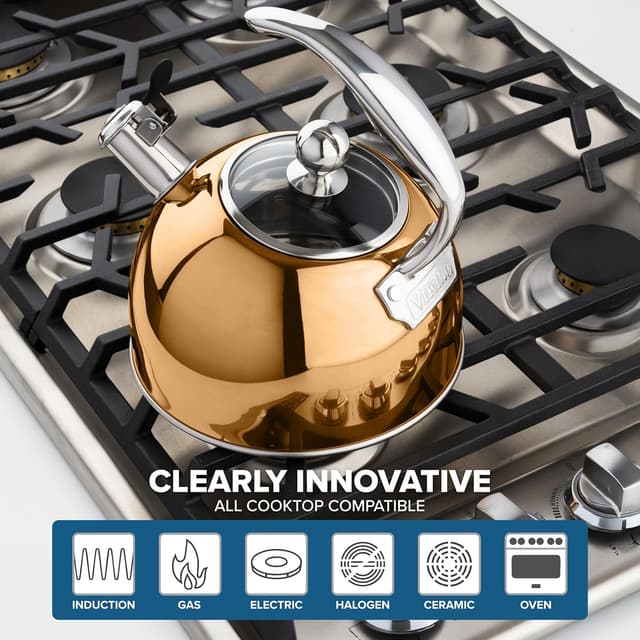 Detalle de Viking 3-Ply Stainless Steel Tea Kettle (2.6 Quart) with Tempered Glass Lid, Rose Gold