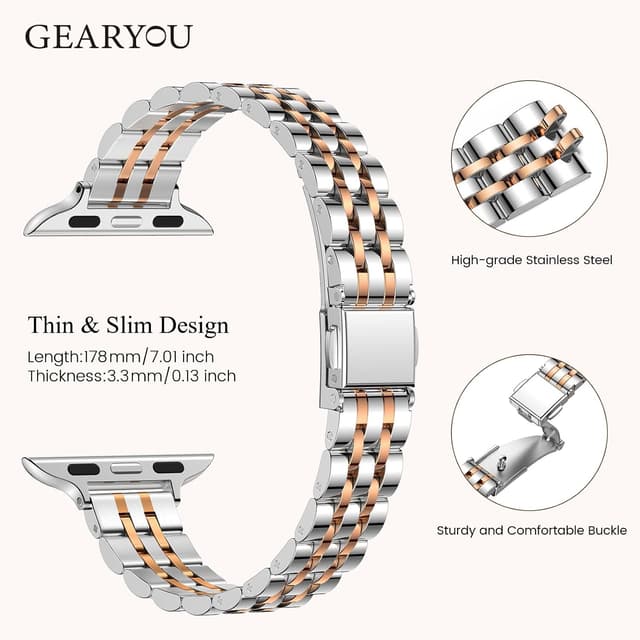 Detalle de GEARYOU Slim Stainless Steel Apple Watch Strap (44/42mm, 45/46mm, 49mm) for Series 1–11 & Ultra