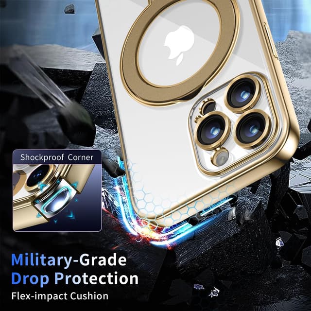 Detalle 2 de Pmteyoim Magnetic iPhone 14 Pro Case with Invisible Stand, Full Camera Lens Protection (MagSafe-Compatible) — Gold Clear Slim