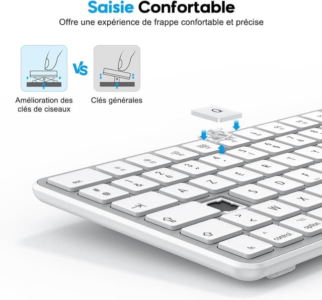 Detalle de OMOTON Clavier Bluetooth sans fil pour Mac AZERTY rechargeable (3 canaux) – Argent