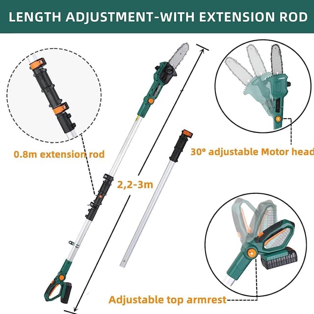 Detalle de Cordless Pole Pruner 20V Li-ion Telescopic Pole Saw with 2.5Ah Battery, 200mm Blade and 5m/s Chain Speed