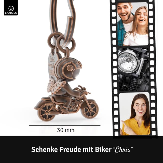 Detalle 2 de LANOLU Motorrad-Schlüsselanhänger „Engel auf dem Motorrad“ aus Metall – Geschenk für Motorradfahrer