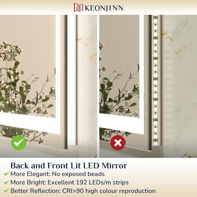 Detalle 2 de Keonjinn Badspiegel mit Beleuchtung 120x80 cm – LED, Anti-Beschlag, Touch & 3 Lichtfarben