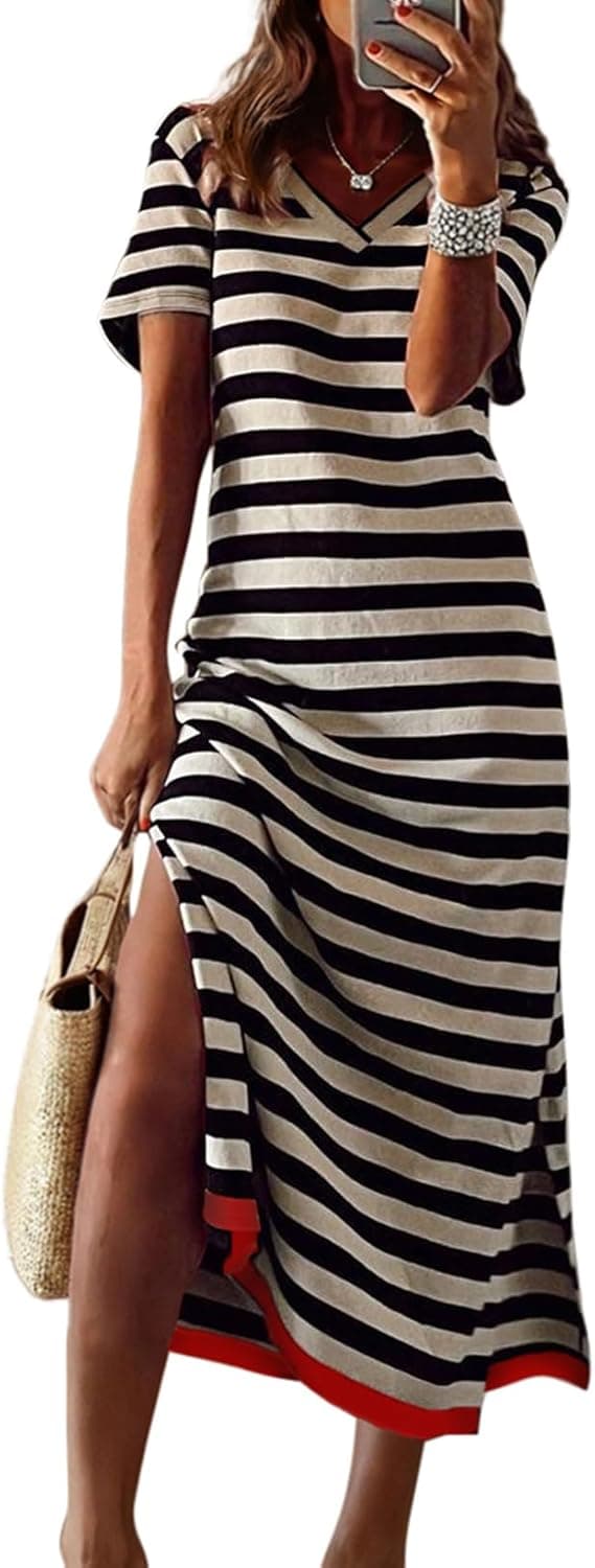 Detalle de Dokotoo Womens Short Sleeve Maxi T-Shirt Dress with Color Block Stripes & Side Split